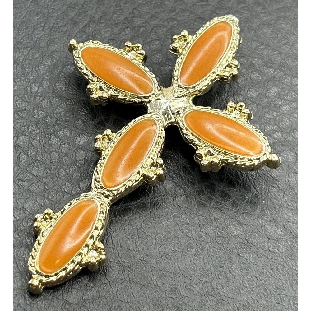Vintage Huge Large Gold Tone Orange Enamel Cross Ornate Brooch Pin